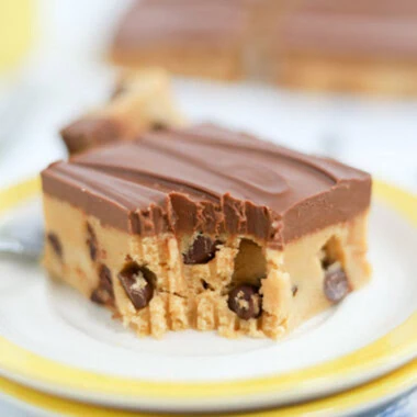 chocolate chip peanut butter bar with a bite taken out of it