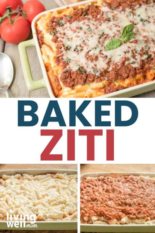 Baked ziti in a white casserole dish topped with melted cheese and fresh basil with tomatoes in the background. 