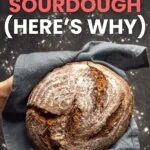 Loaf of baked sourdough bread with text overlay that says "don't make sourdough (here's why)".
