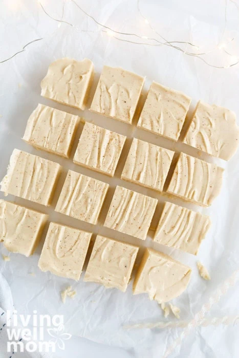 Arial view of eggnog fudge cut into squares