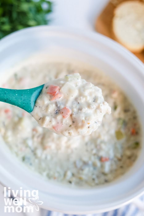 Close-up of creamy chicken wild rice soup on a spoon showing tender chicken and vegetables