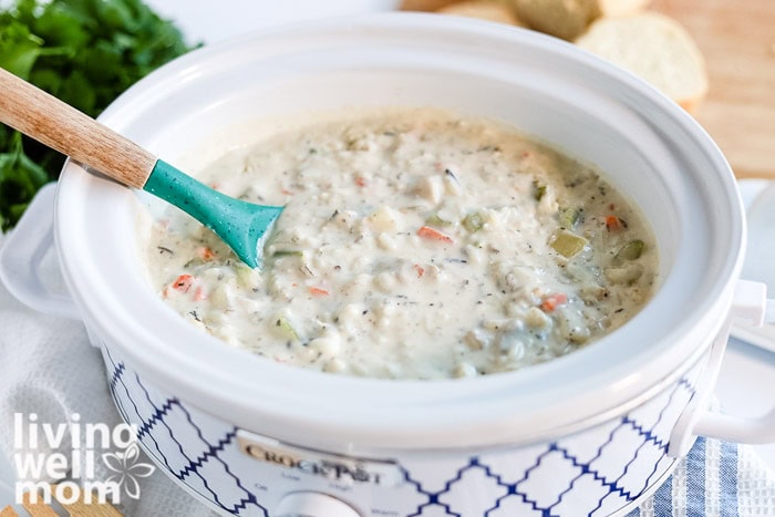 Overhead shot of homemade creamy chicken and wild rice soup in a crockpot