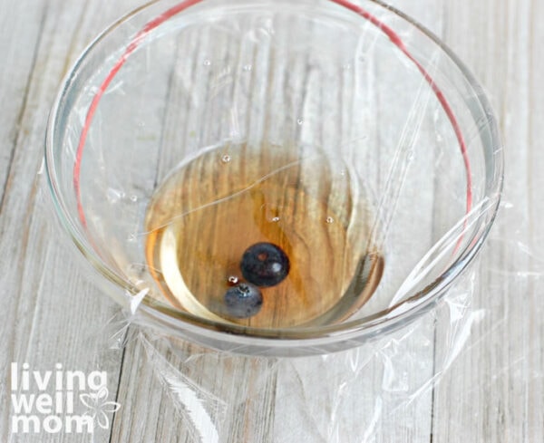 Fruit fly trap in a glass bowl with apple cider vinegar and berries