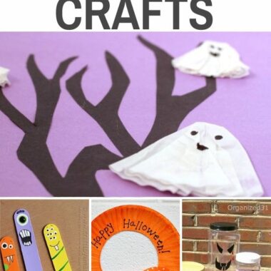 collage of different craft projects for halloween - paper ghost, painted pots, and monster popsicle sticks, pumpkin wreath