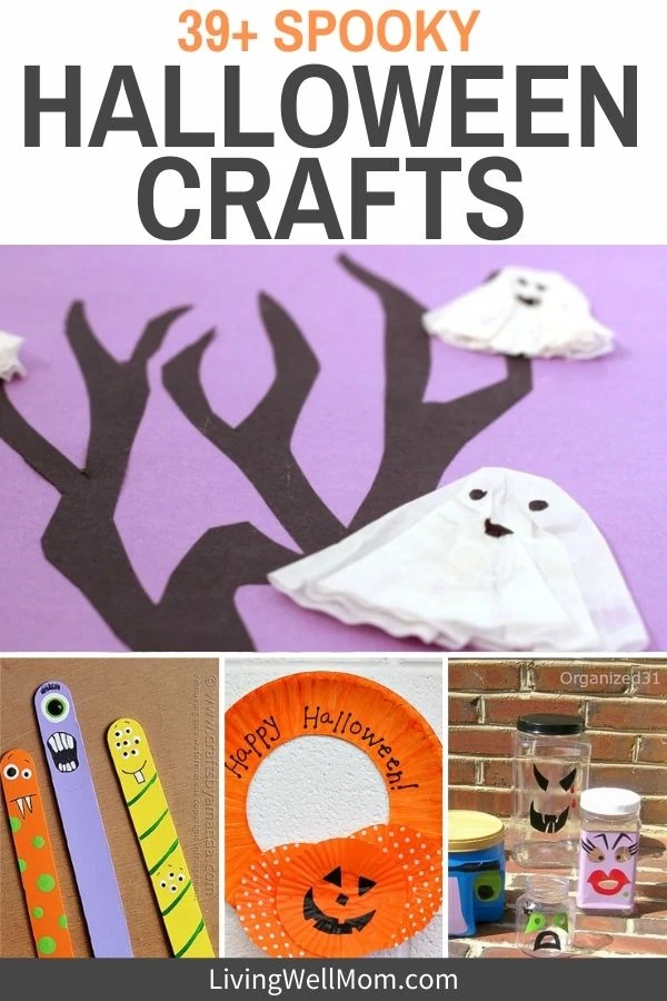 collage of different craft projects for halloween - paper ghost, painted pots, and monster popsicle sticks, pumpkin wreath