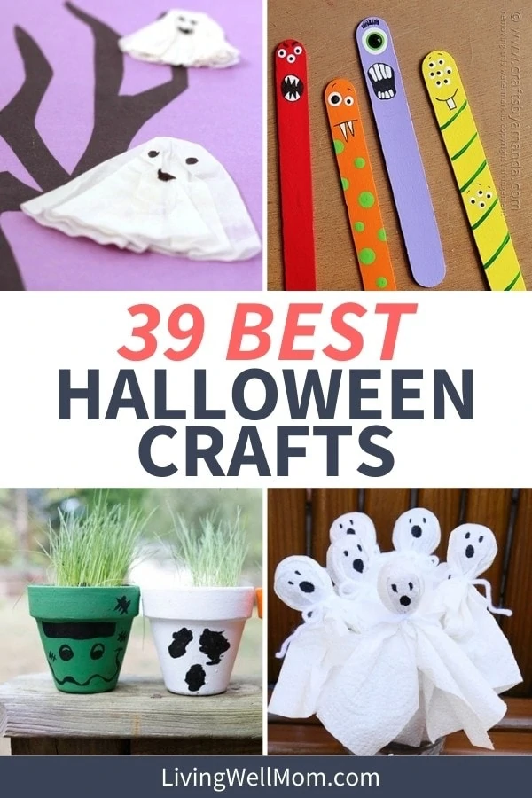 collage of different craft projects for halloween - paper ghost, painted pots, and monster popsicle sticks