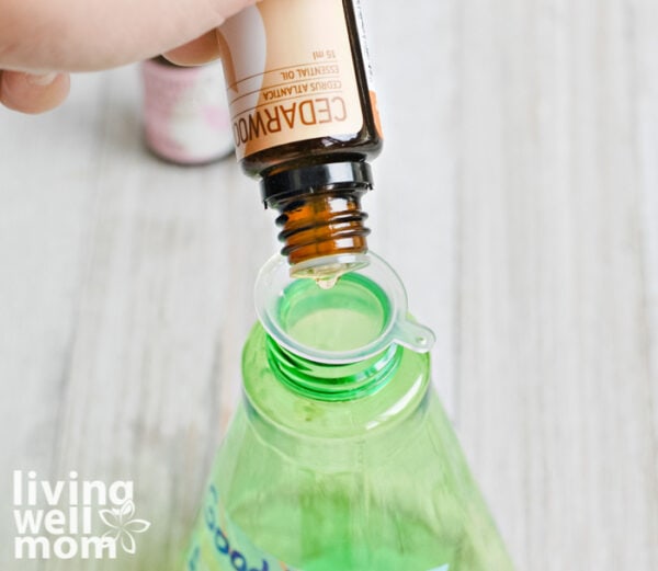 Adding cedarwood essential oils to a green spray bottle