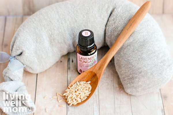 DIY rice heating pad made with rice and lavender essential oil