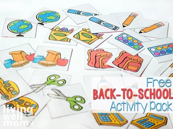 Free back-to-school activity pack for preschoolers with school supply themed printables.