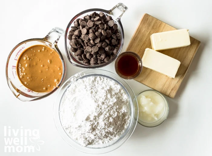 Ingredients for a buckeye recipe including peanut butter, sugar, butter, vanilla.