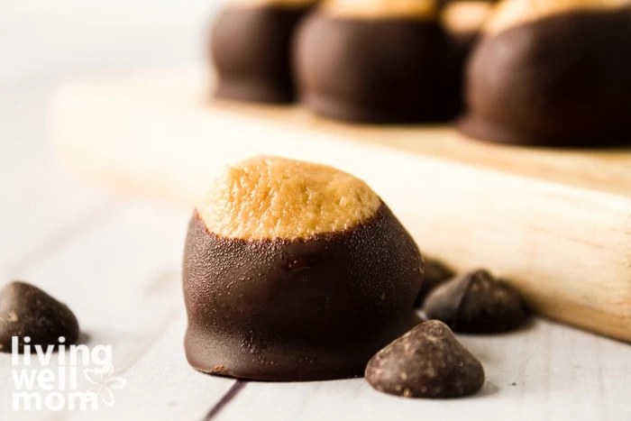 Close up of a buckeye candy surrounded by chocolate chips