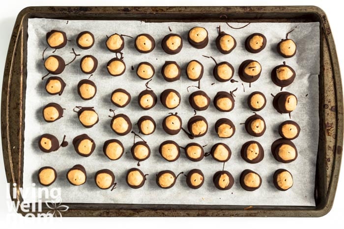 baking sheet filled with buckeyes