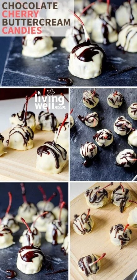 collage of images with white chocolate dipped cherries