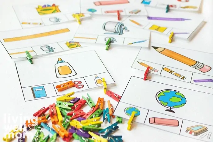 Printable matching games using cards with small clipart and mini clothespins.