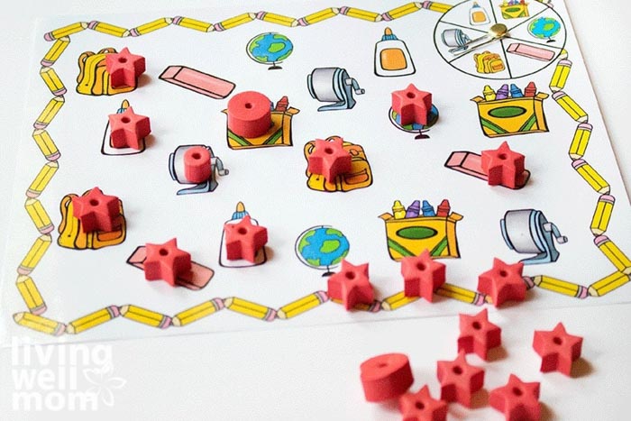 A printable matching activity sheet and mini erasers as game pieces. 