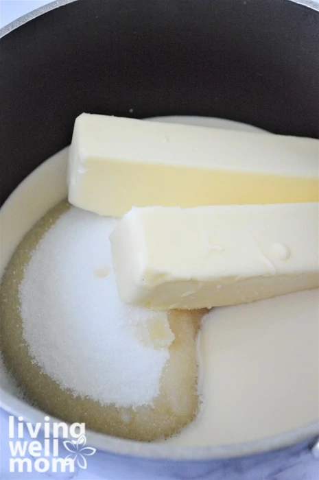 butter, sugar, and evaporated milk melting together