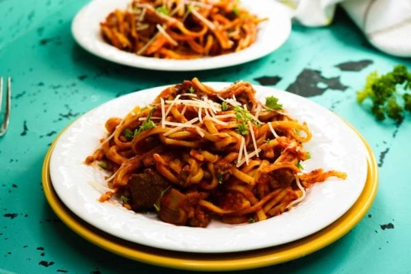 spaghetti cooked in instant pot on a plate