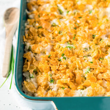 Chicken and rice casserole in a casserole dish on a table