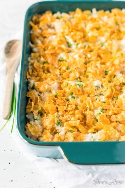 Chicken and rice casserole in a casserole dish on a table