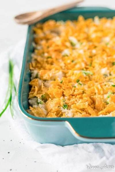 chicken and rice gluten-free casserole sitting on a table in a casserole dish