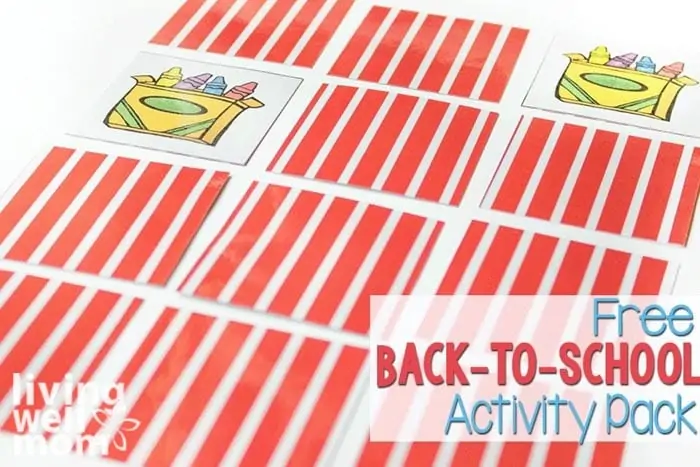 A memory game matching activity printable with 2 cards overturned and the rest face down. 
