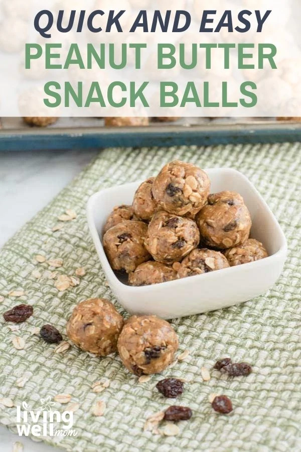 peanut butter snack balls in a white dish on top of a green placemat