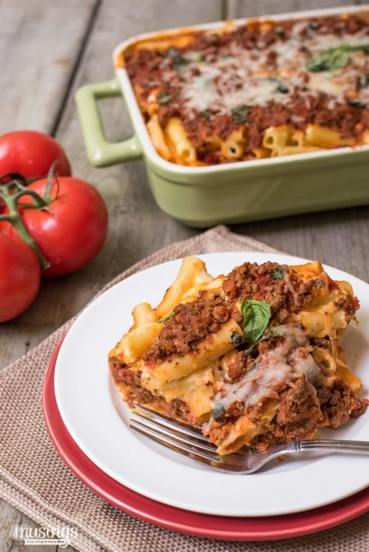 A serving of baked ziti on a plate