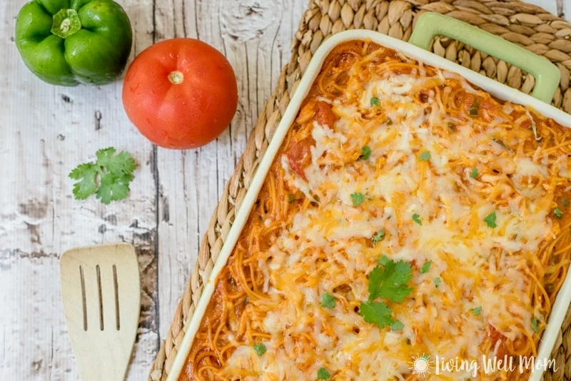 Southwestern turkey pasta bake in a casserole dish