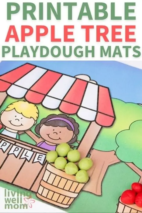 Pinterest image for printable apple tree playdough mats. 