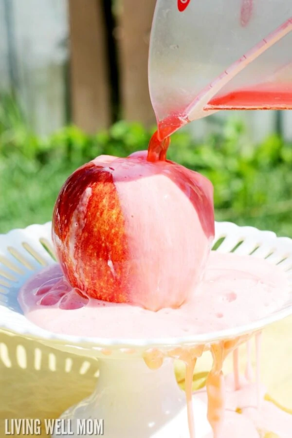 A cored apple being filled with vinegar to cause an eruption in this DIY apple volcano experiment- perfect as outdoor activities for kids!