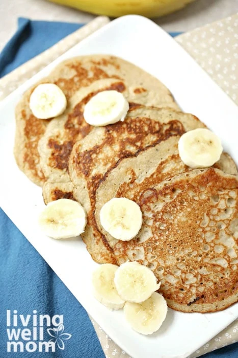 2 ingredient pancakes with sliced bananas on top