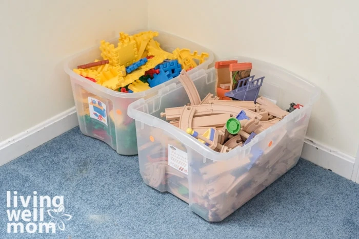 Bins filled with building toys