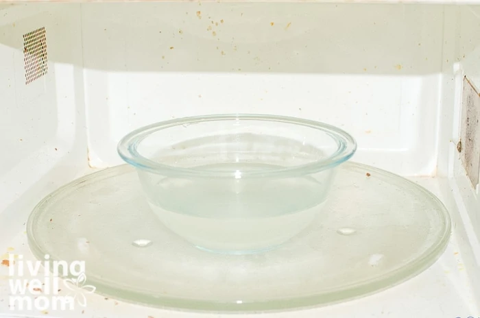 bowl of vinegar, water, and lemon in the microwave to help clean it