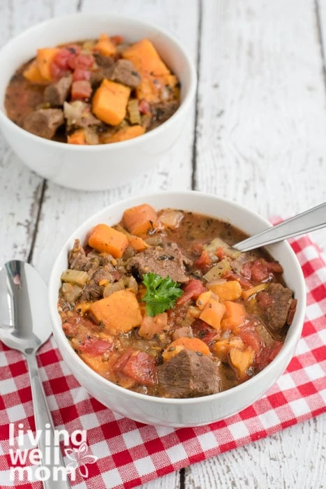 healthy beef stew in a bowl