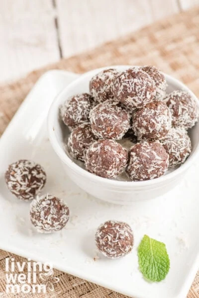 white bowl filled with chocolate energy bites