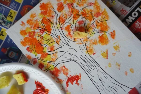 fall tree with fingerpainted colorful leaves