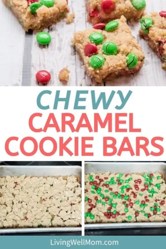 Pinterest image for chewy caramel cookie bars. 