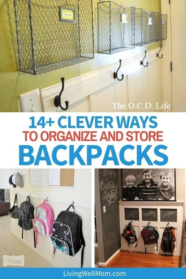 collage of backpacks organized on wall hangars