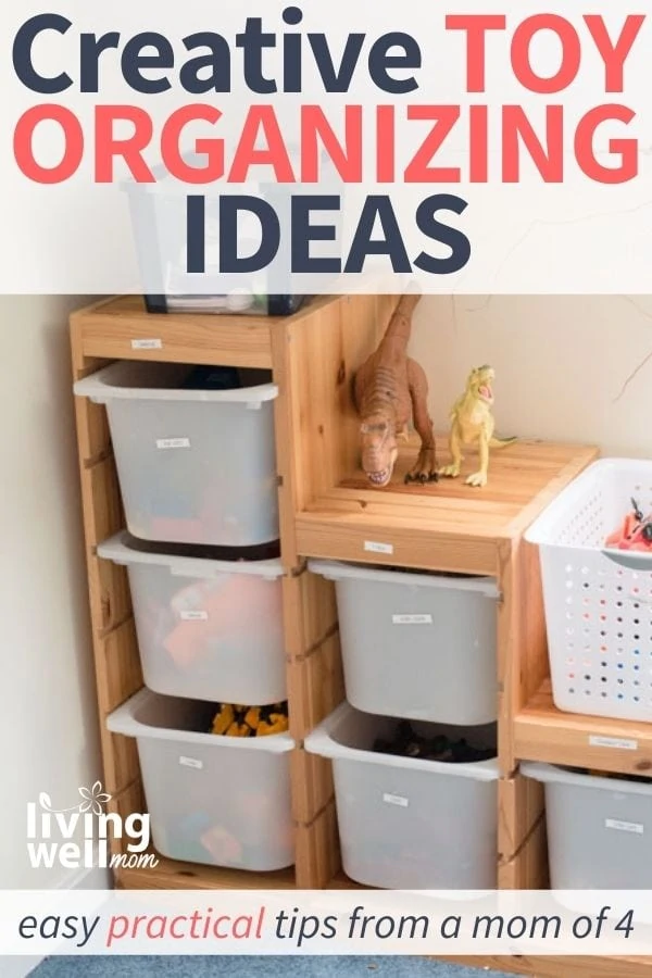 tiered wooden shelf with bins for toy organization 