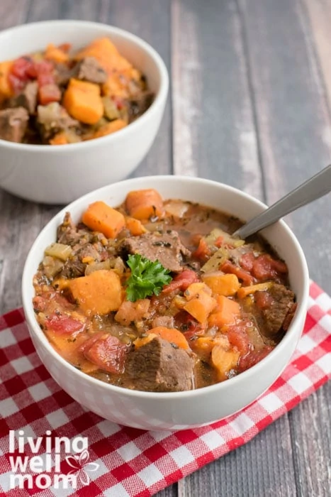 chunky stew in a bowl with a spoon