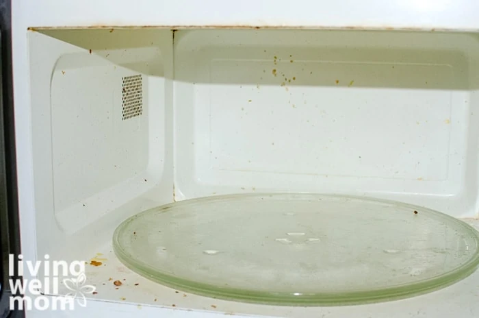 Dirty microwave before cleaning.