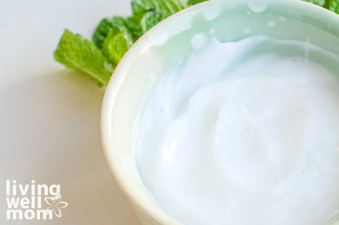 Bowl of DIY peppermint foot lotion