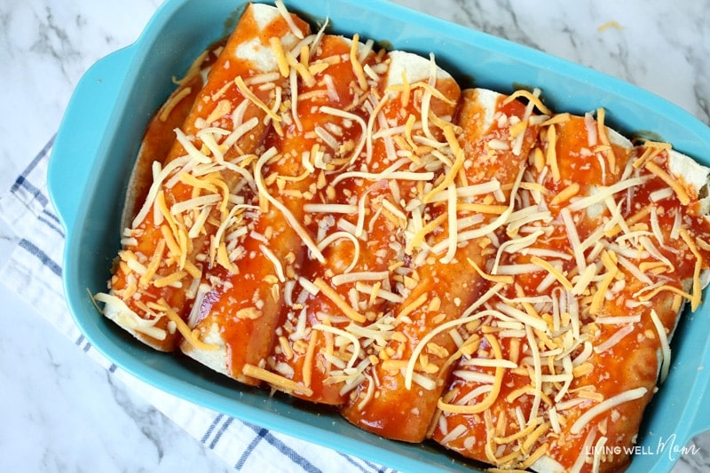 Beef and bean enchiladas in a baking dish