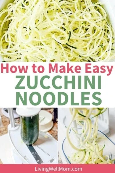 collage of photos - 1. Thin zucchini noodles plated 2. Zucchini in mandolin slicer 3. Zucchini in spiralizer