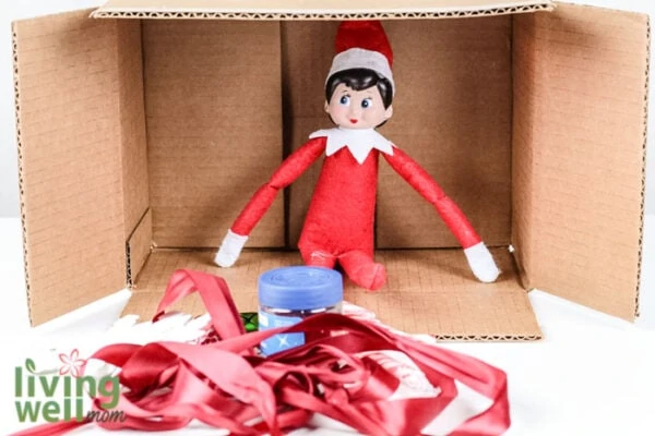 elf on the shelf sitting inside a cardboard box