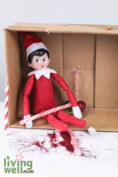 elf on the shelf holding a candy cane inside of a cardboard box