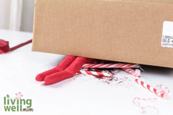 Elf on the shelf in a DIY cardboard box trap