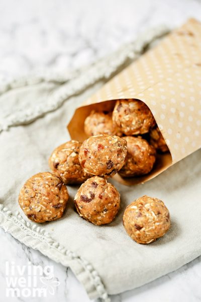 Bag filled with homemade energy bites spilling out