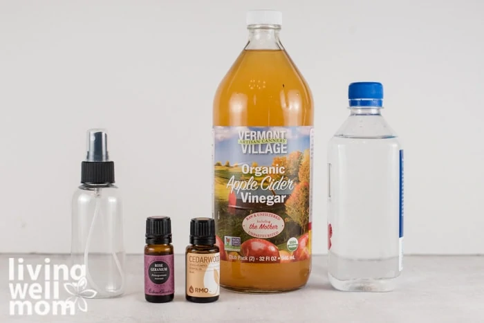 essential oils, water, apple cider vinegar ingredients for homemade tick spray