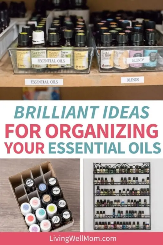 collage of organized essential oils in a container or on a shelf